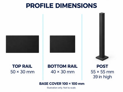 Illustrative profile dimensions: top rail 50 x 30 mm, bottom rail 40 x 30 mm, square post 55 x 55 mm and 39 inches high, decorative base cover 100 x 100 mm. Not to scale.