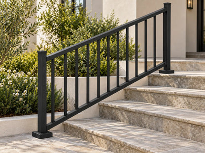 AI-generated illustrative close view of black aluminum stair railing with upright pickets and flat-top post base covers.