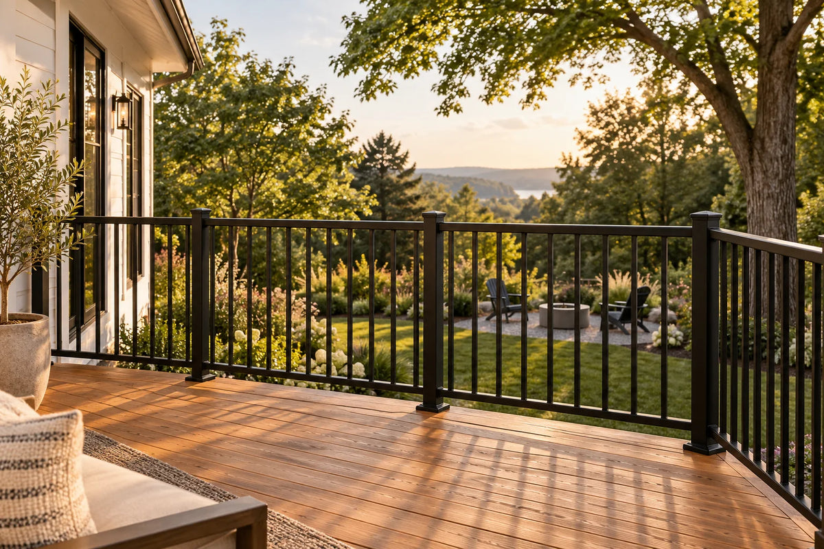 Black vertical aluminum picket railing around a residential deck