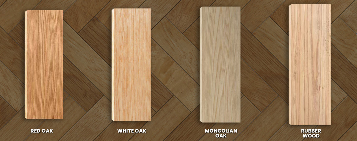 Four Senmit wood tread samples labeled red oak, white oak, Mongolian oak, and rubber wood