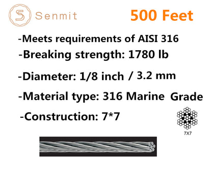 Senmit 1/8 Stainless Steel Aircraft Wire Rope for Deck Cable Railing Kit, 7 x 7 700 Feet T 316 Marine Grade - Senmit 