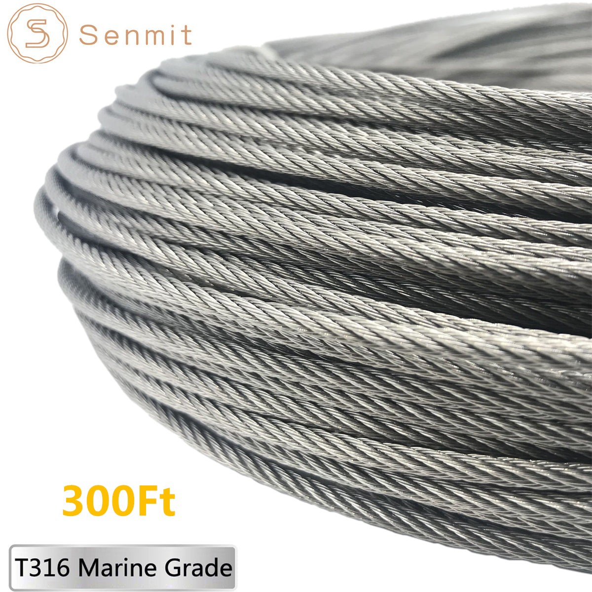 Senmit 1/8 Stainless Steel Aircraft Wire Rope for Deck Cable Railing Kit,7x7 300Feet T316 Marin Grade,SC300