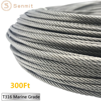 Senmit 1/8 Stainless Steel Aircraft Wire Rope for Deck Cable Railing Kit,7x7 300Feet T316 Marin Grade - Senmit 