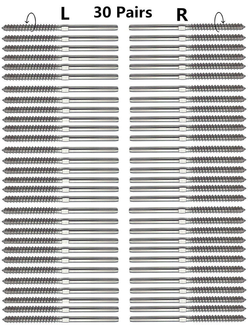 Senmit Swage Lag Screws Left & Right 60 Pack for 1/8" Cable Railing, 316 Stainless Steel Stair Deck Railing Wood Post Balusters System 30 Pairs - Senmit 