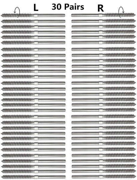 Swage Lag Screws For 1/8" Cable Railing – T316 Stainless Steel, Left & Right Thread Set For Wood Posts, Deck & Stair Cable Systems
