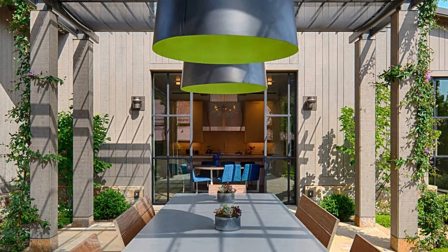 California courtyard project with large black framed doors