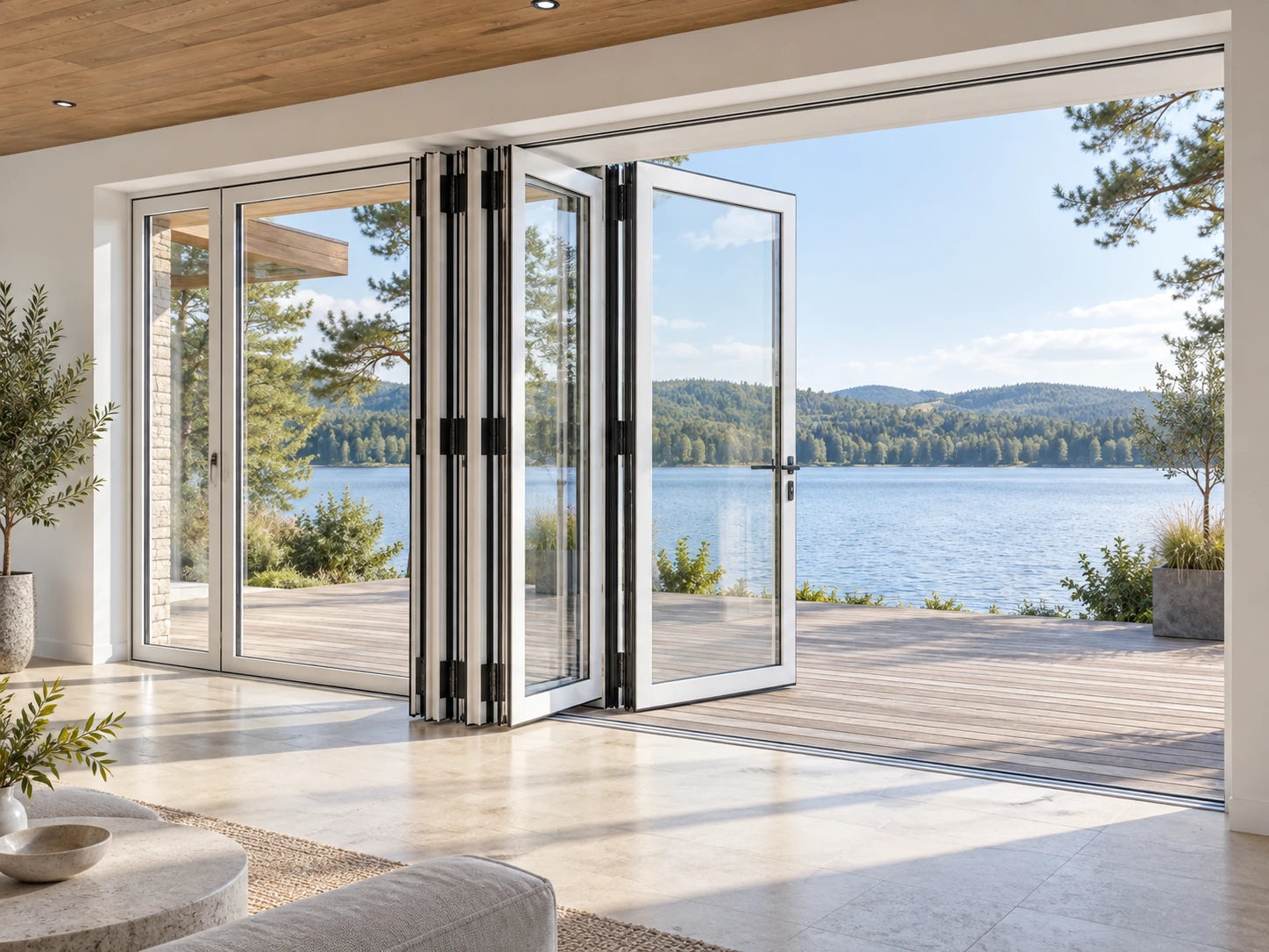 Illustrative white aluminum bi-fold doors opening onto a lakeside terrace
