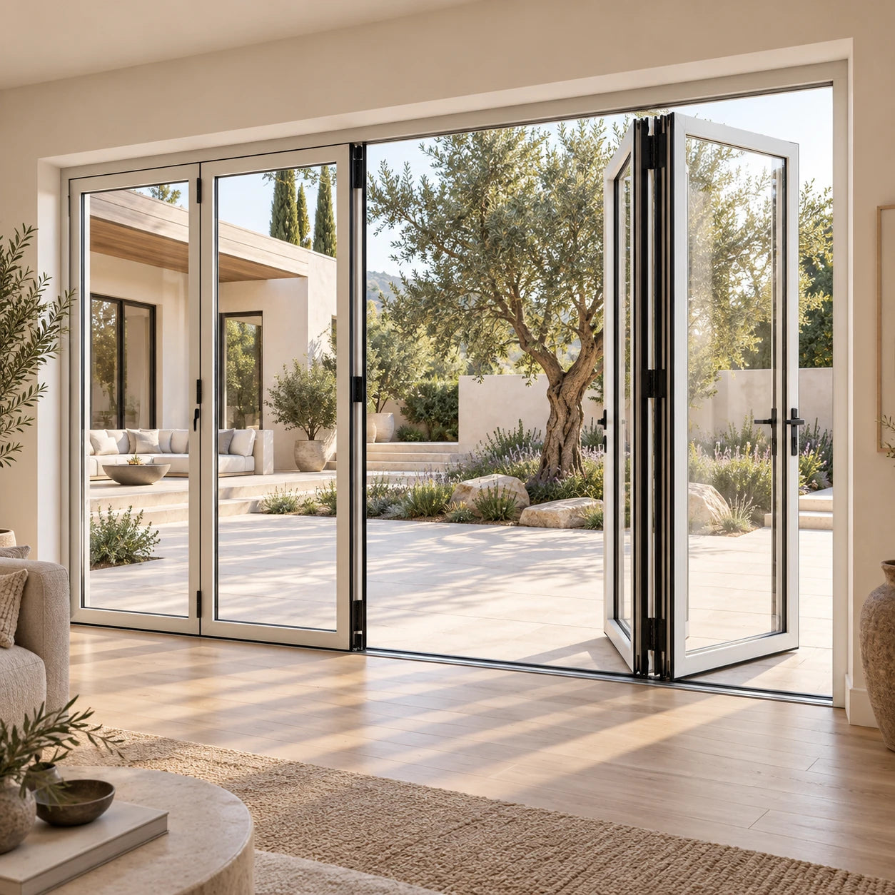 Illustrative white aluminum bi-fold doors opening onto an olive-tree courtyard