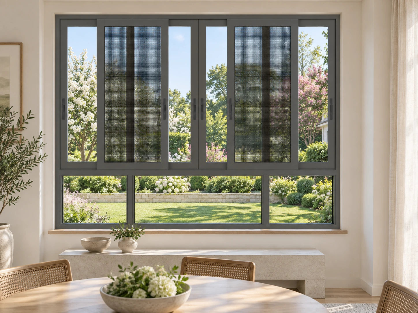 Illustrative gray aluminum sliding window with insect screens and three fixed lower glass panels