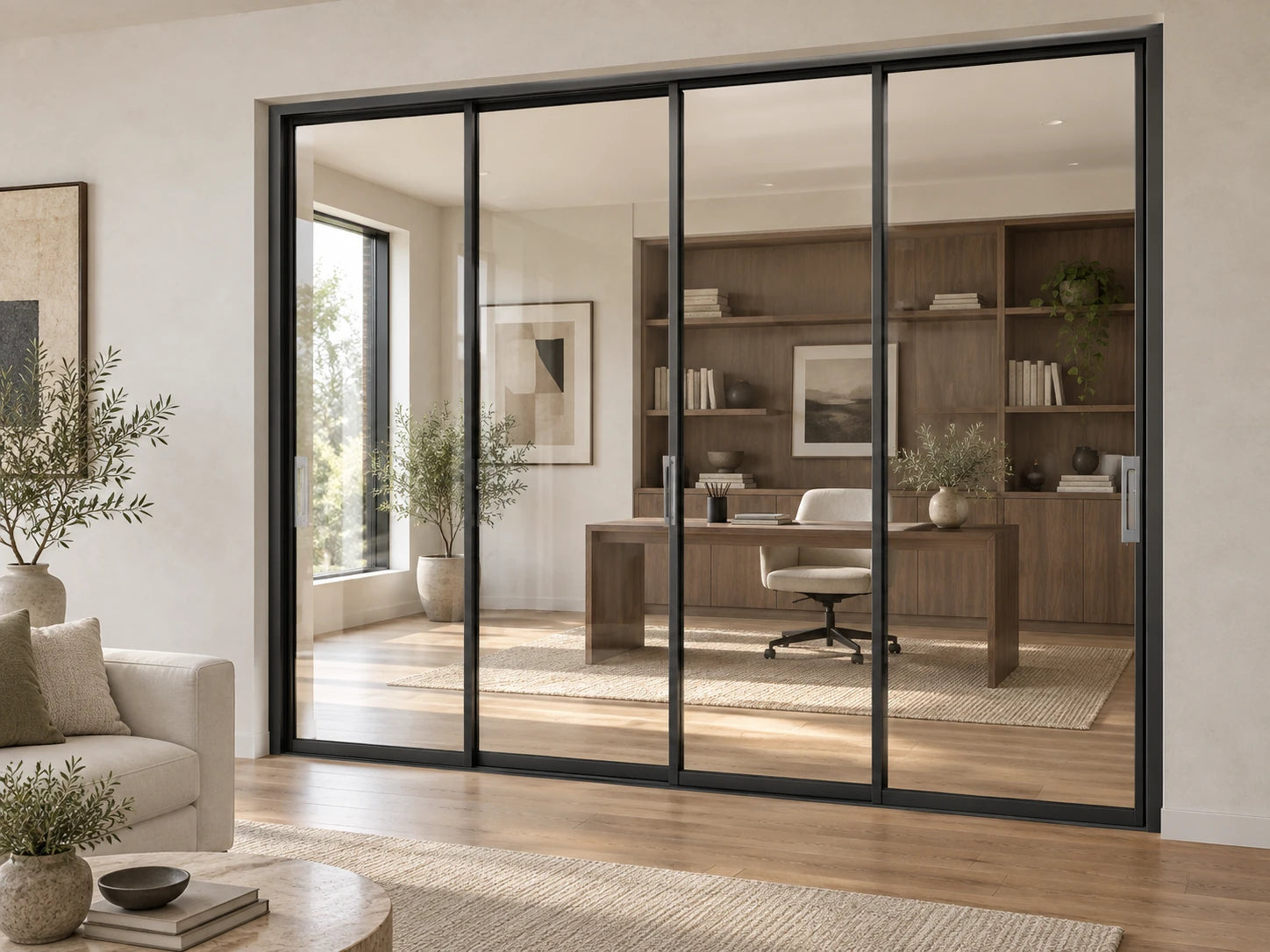 Illustrative slim aluminum clear-glass sliding doors dividing a living room and study