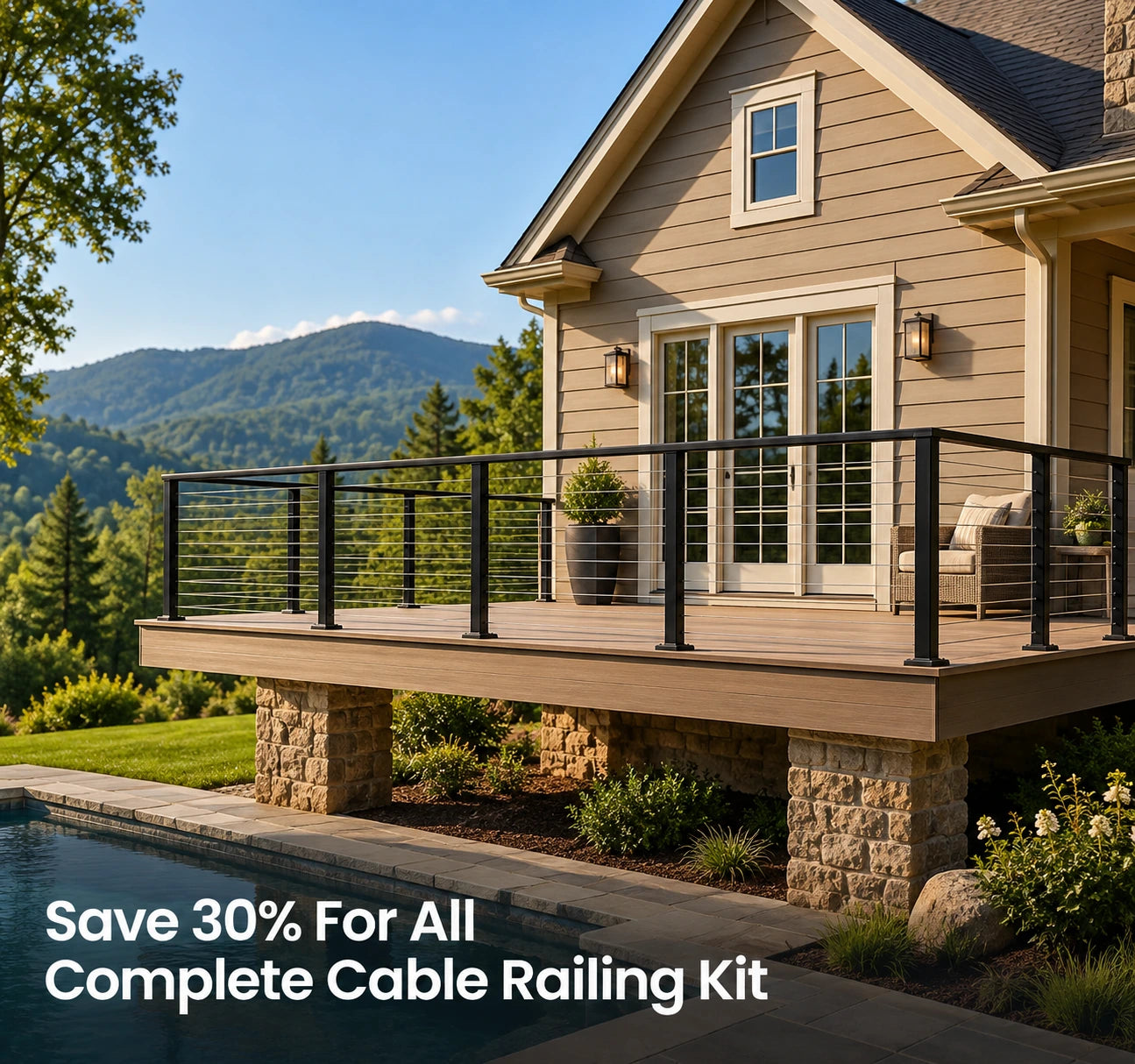 Mountain-view deck with black cable railing posts and black top rails.