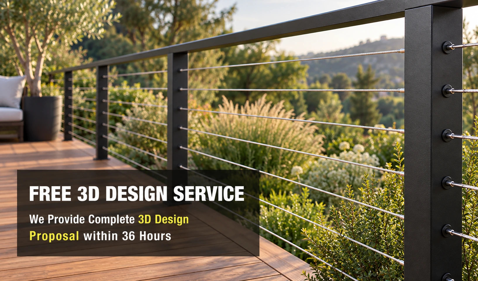 Black cable railing posts and top rail. FREE 3D DESIGN SERVICE. We Provide Complete 3D Design Proposal within 36 Hours.