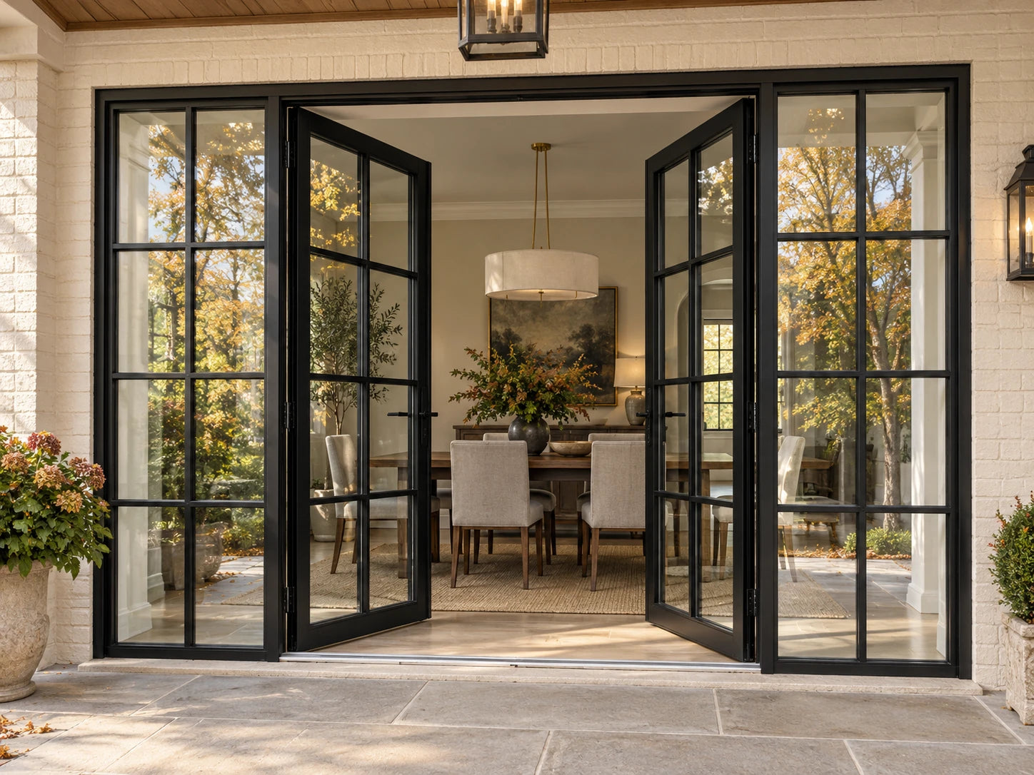 Illustrative divided-light steel casement doors and sidelights opening toward an ivory-brick veranda