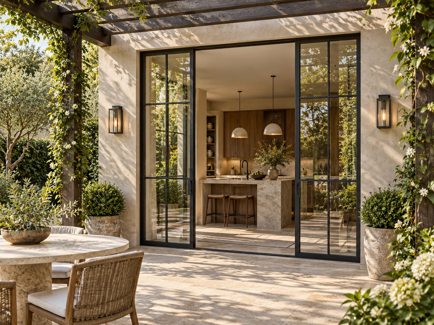 Illustrative custom slim steel divided-light patio opening connecting a pergola terrace and walnut kitchen
