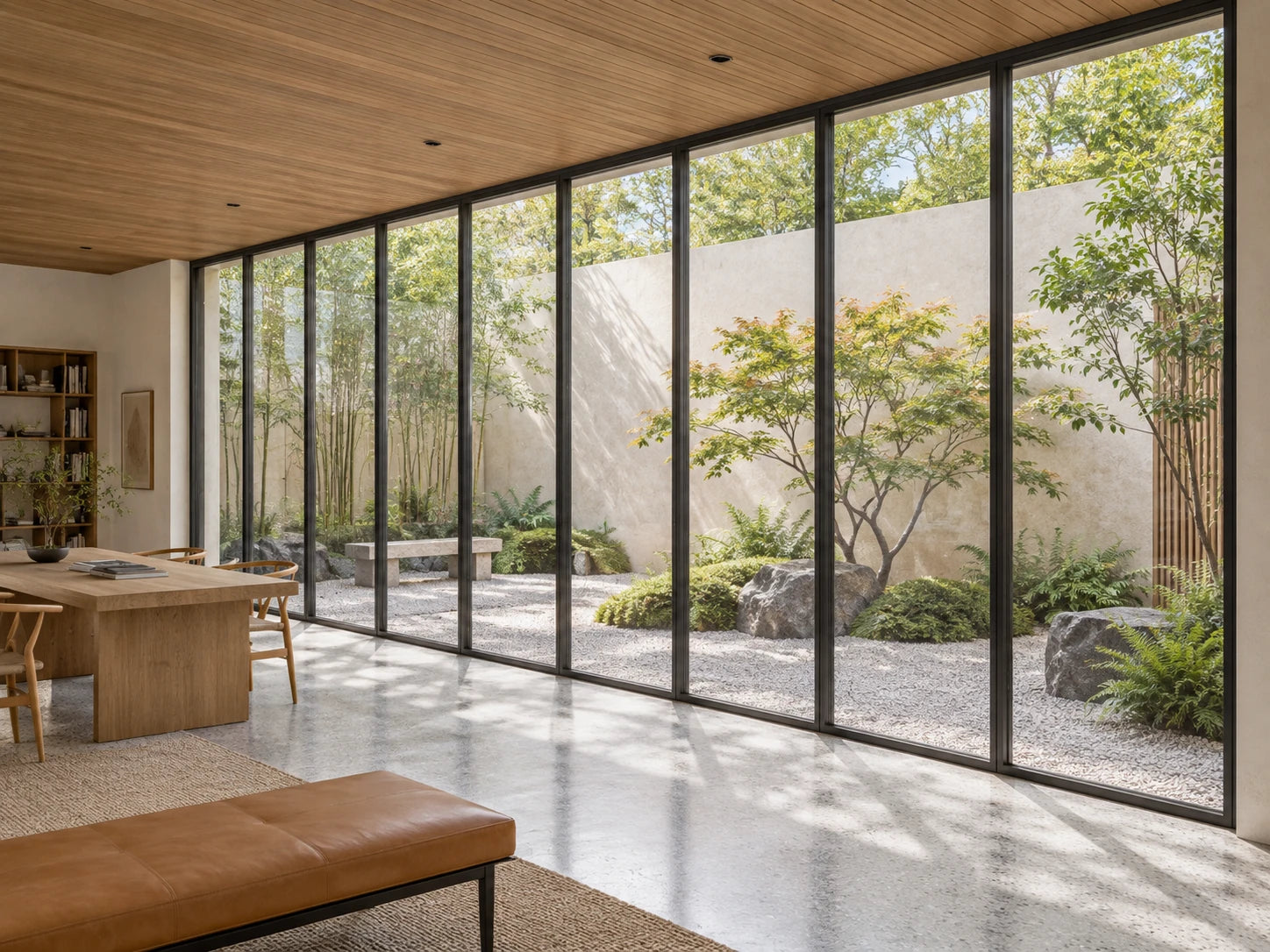 Illustrative fixed slim steel glazed wall with full-height vertical panes facing a courtyard garden