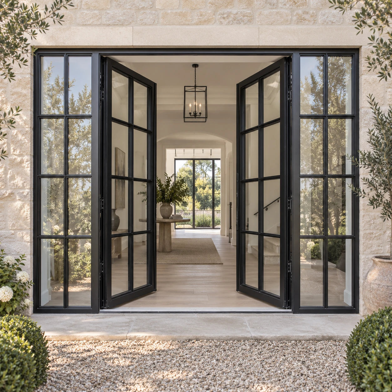 Illustrative black divided-light steel French doors with matching sidelights in a limestone courtyard entry