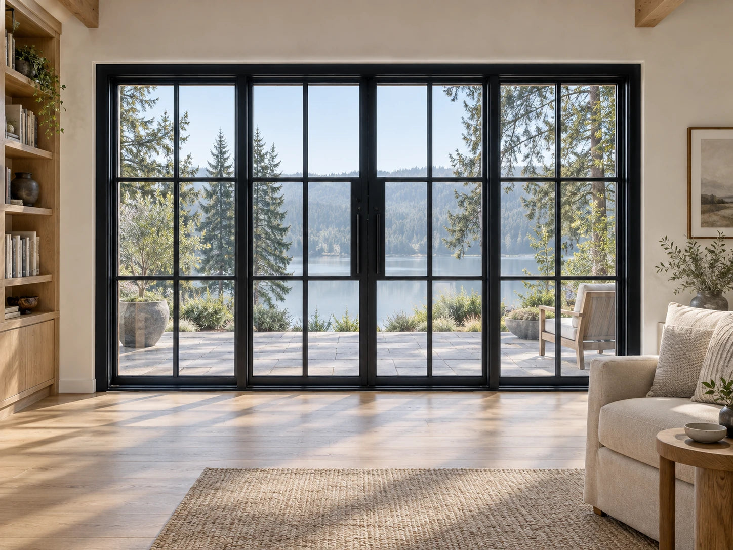 Illustrative four-panel divided-light slim steel sliding door wall overlooking a lake