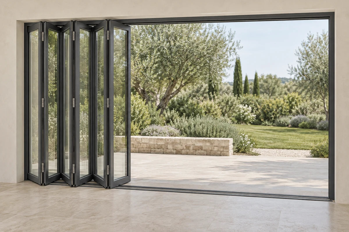 Illustration of connected glass bi-fold door panels folding together to one side