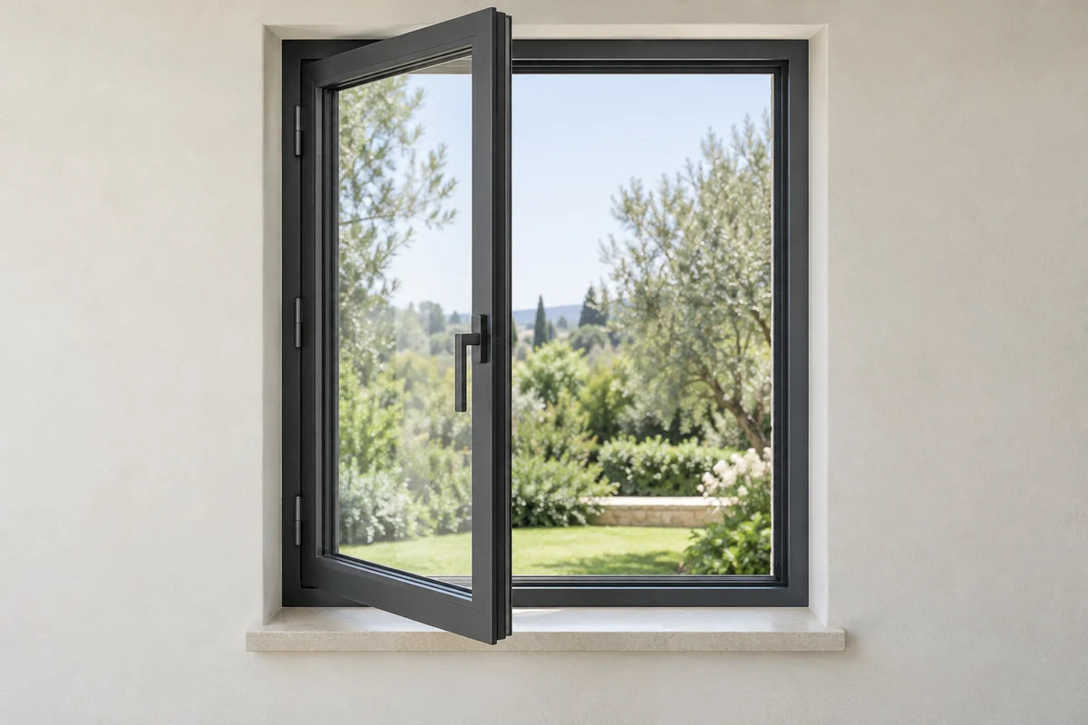 Illustration of a casement window with its sash swung open on side hinges
