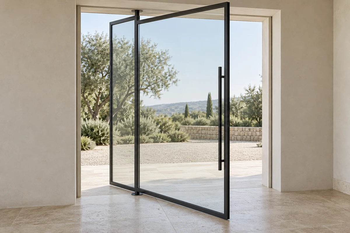 Illustration of a glass pivot door rotating around an inset top-and-bottom axis