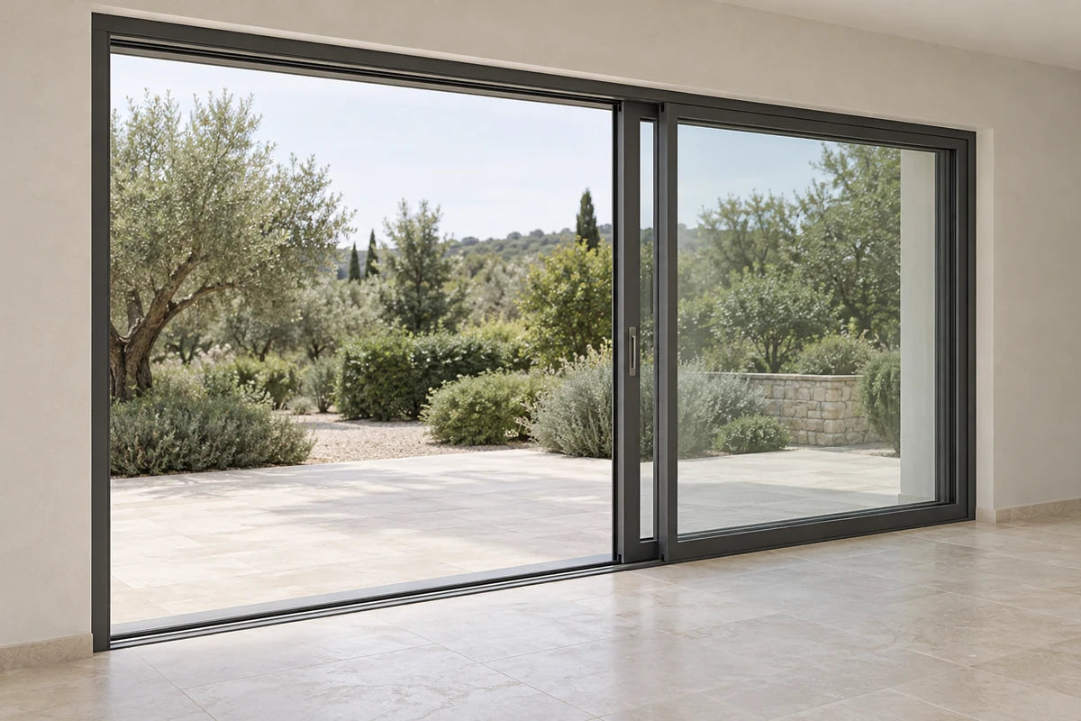 Illustration of glass patio doors sliding horizontally on parallel tracks