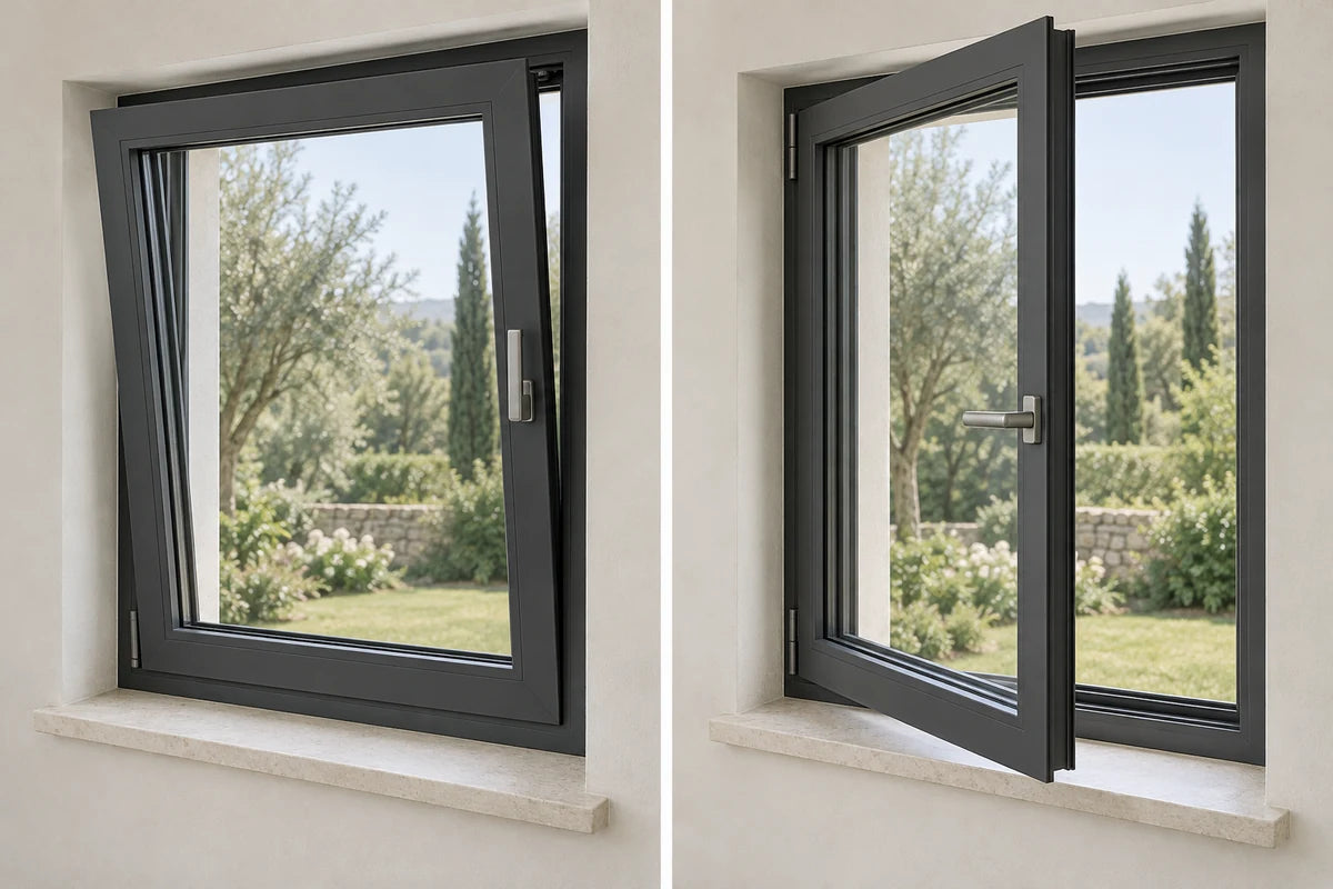 Two views illustrating the same tilt-and-turn window: top tilted inward and sash swung inward