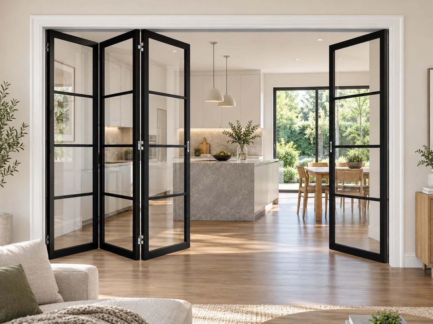 Illustrative four-leaf slim aluminum clear-glass folding doors connecting a living room and garden kitchen