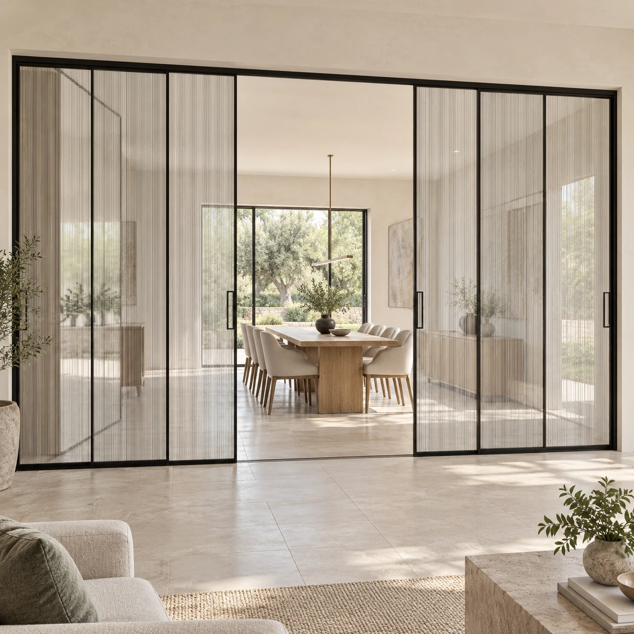 Illustrative slim black aluminum reeded-glass sliding doors opening into a limestone dining room