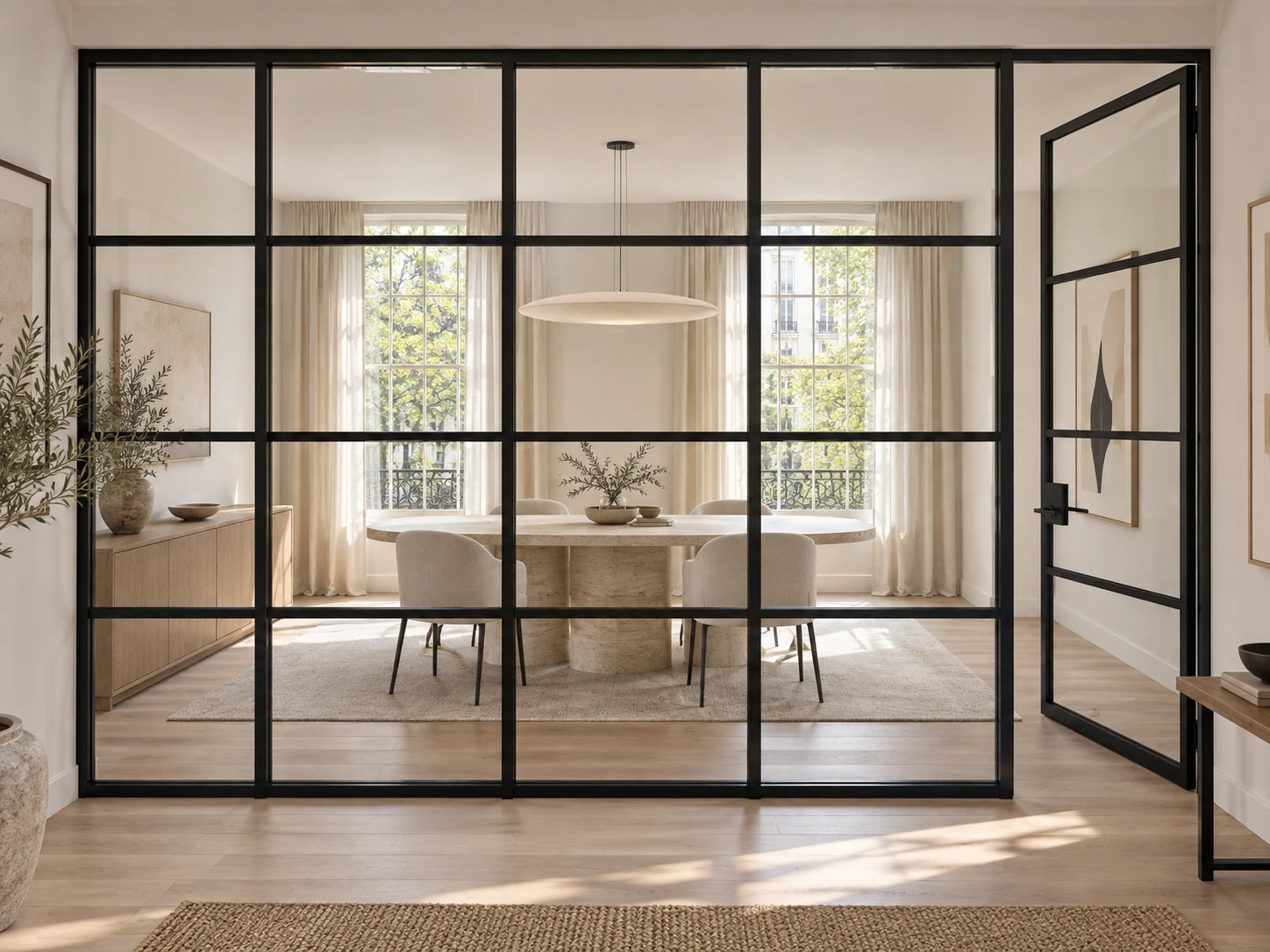 Illustrative slim aluminum fixed gridded-glass partition with a side access door