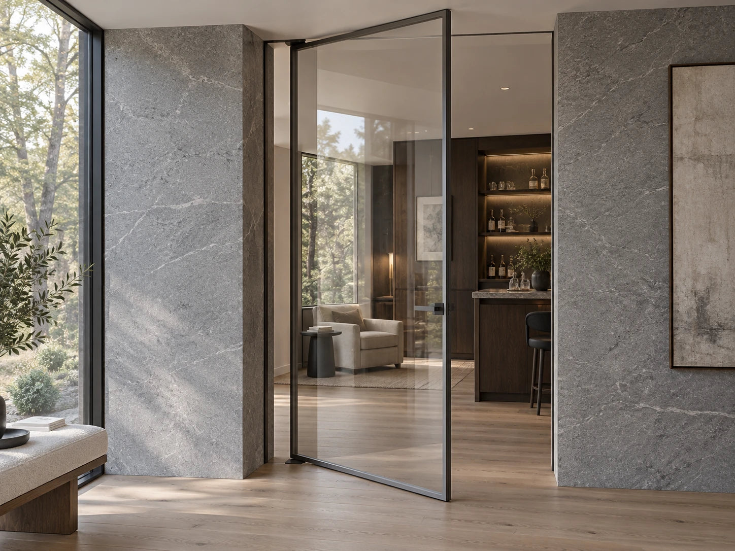 Illustrative full-height clear-glass aluminum pivot door in a woodland lounge