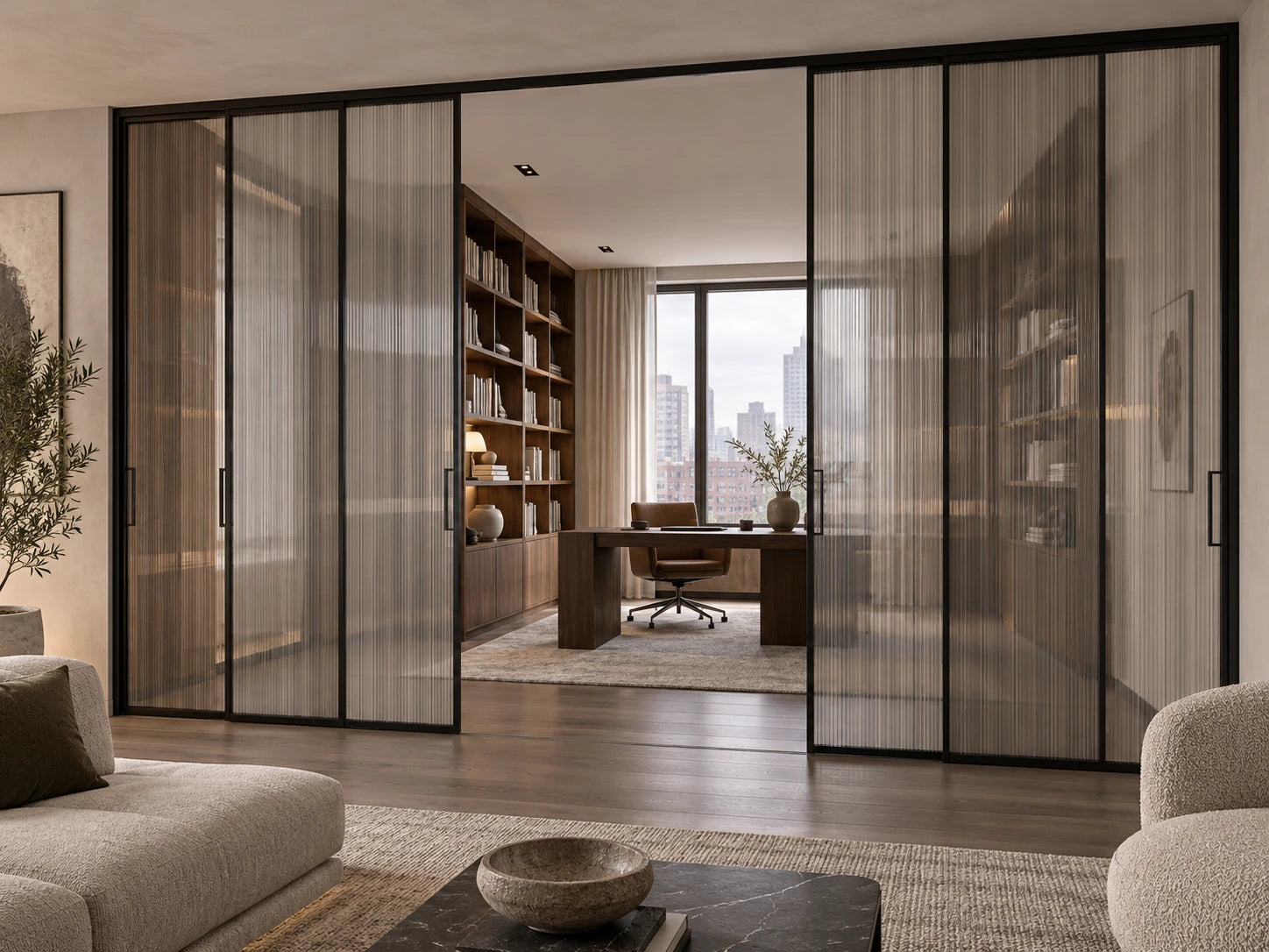 Illustrative slim aluminum reeded-glass sliding doors dividing a living room and urban study