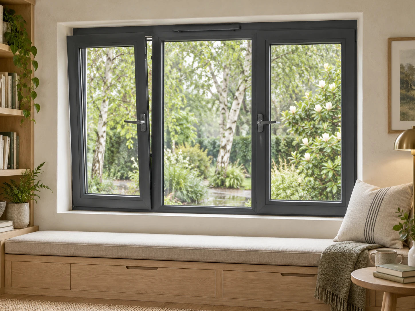 Illustrative anthracite uPVC casement windows with fixed center glazing in a reading room