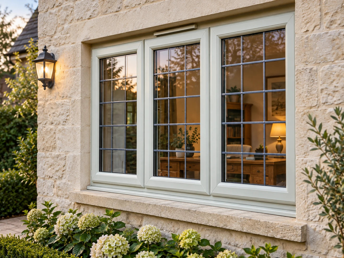 Illustrative pale uPVC three-panel gridded window on a garden-facing stone wall
