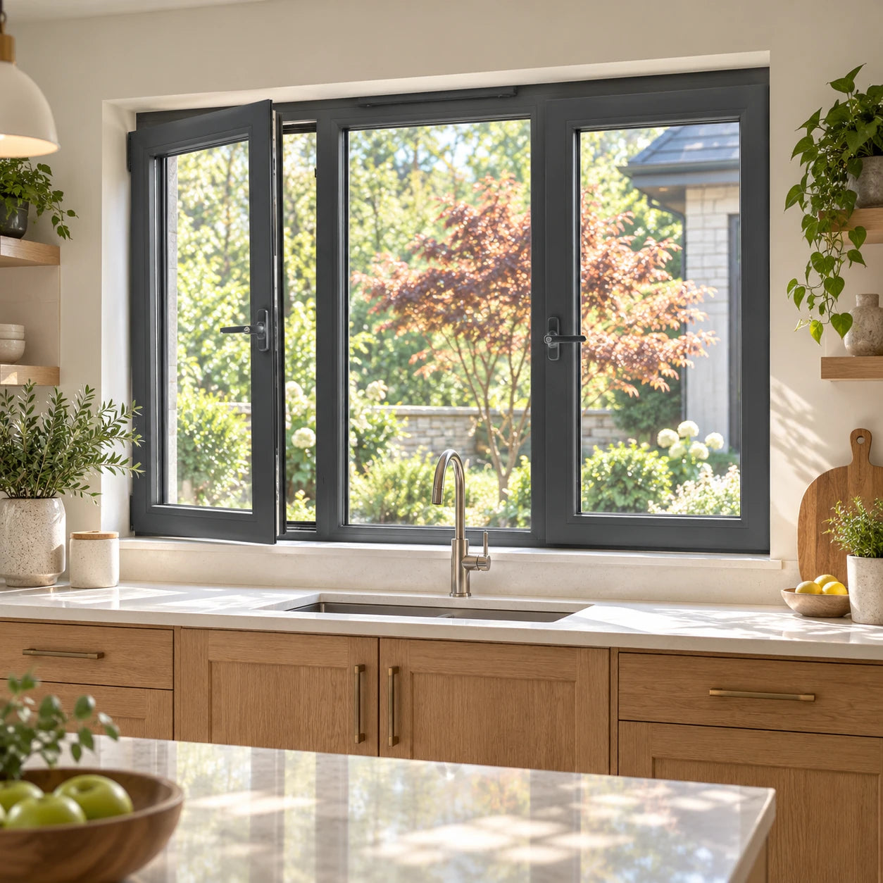 Illustrative anthracite uPVC casement windows and fixed center glazing in a garden-facing oak kitchen