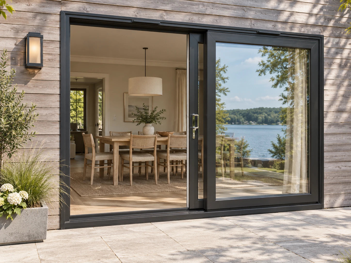 Illustrative anthracite uPVC two-panel sliding patio door at a lakeside dining room