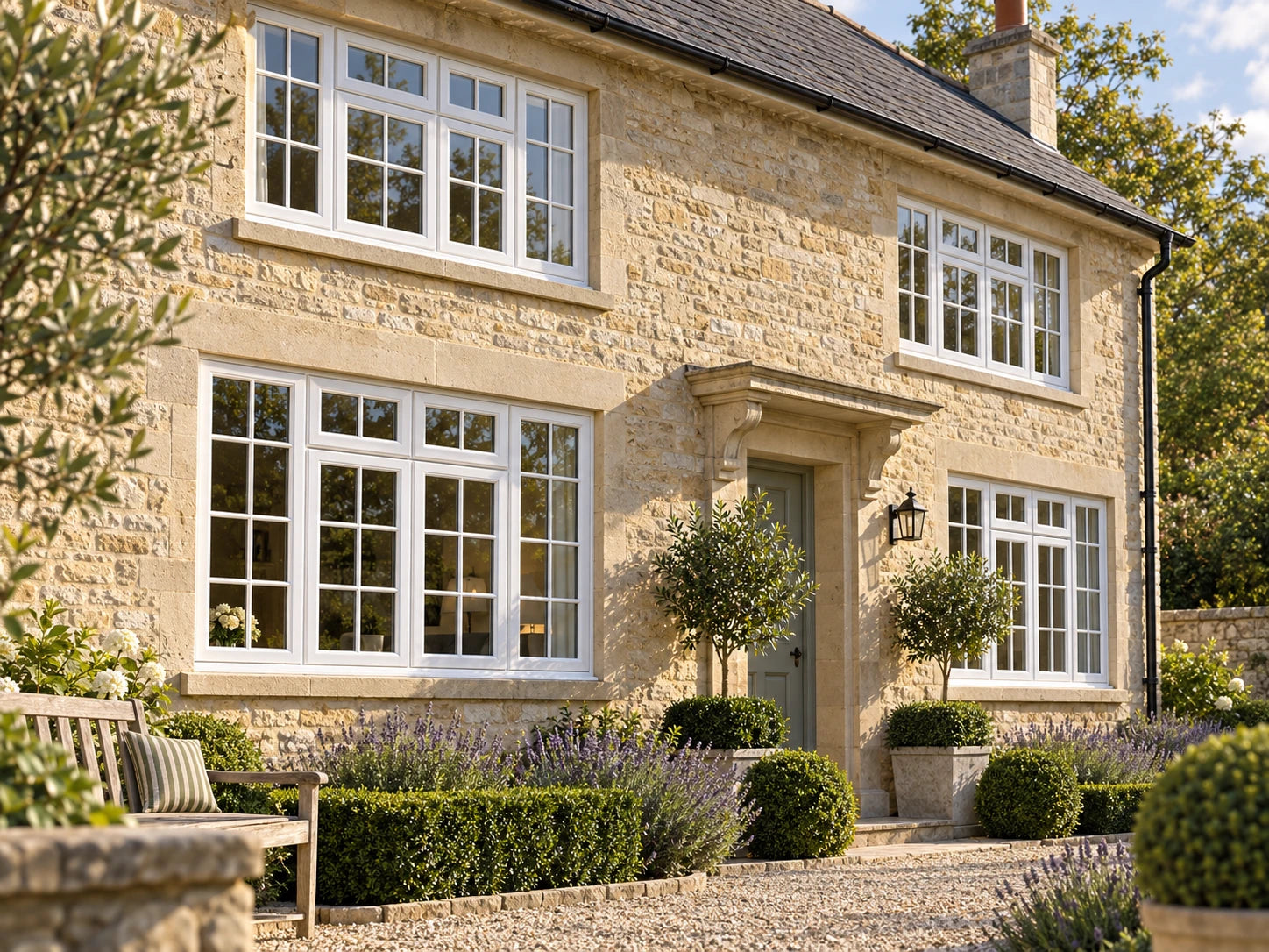 Illustrative traditional white uPVC gridded windows on a limestone house