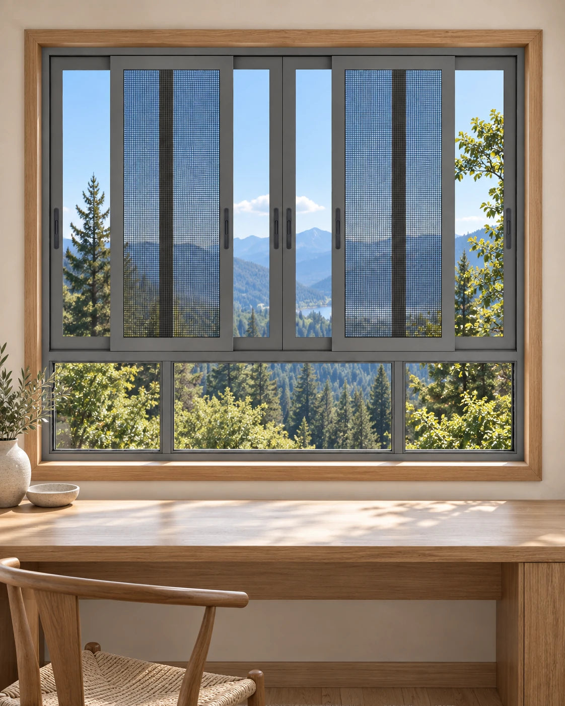 Illustrative mountain retreat with a gray aluminum sliding window, insect screens, and fixed lower glass panels
