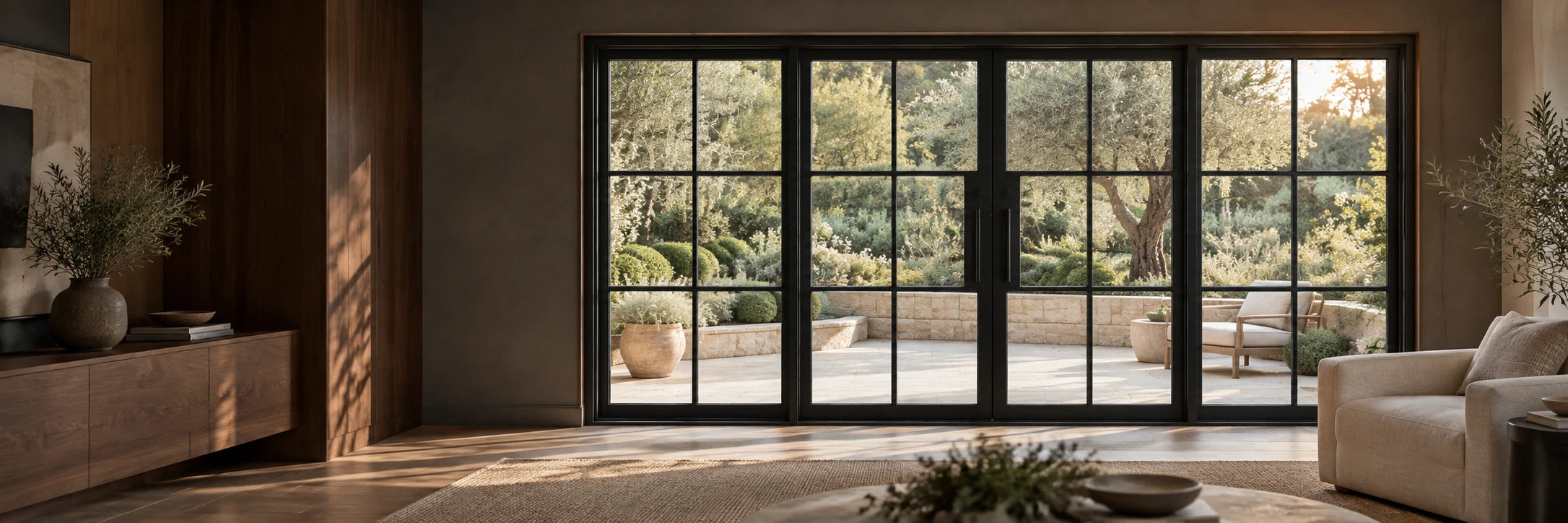 Illustrative warm living room with black slim steel French doors and fixed sidelights opening onto a garden terrace