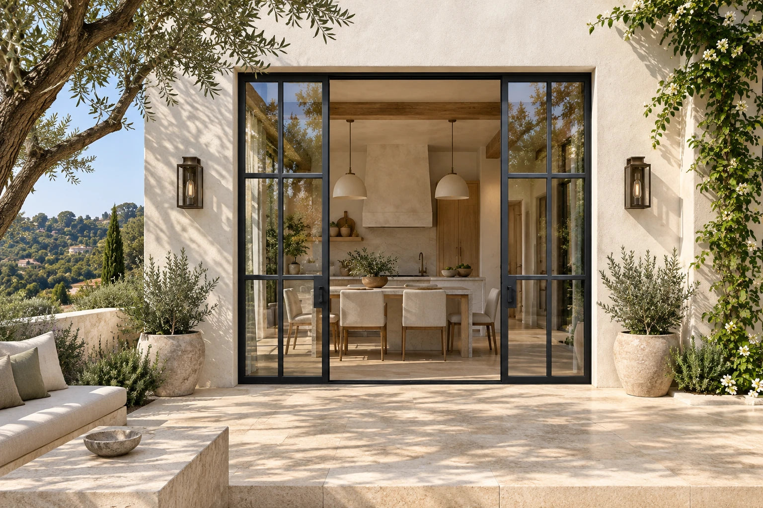 AI concept of a California-inspired courtyard with dark slim-frame divided-light glass patio doors