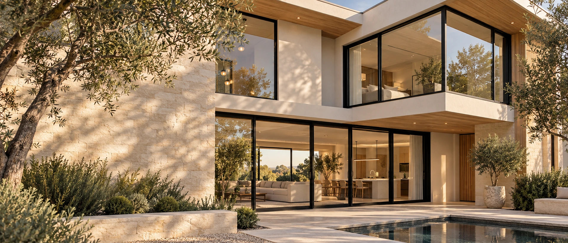 Modern home fitted with custom black framed windows and doors