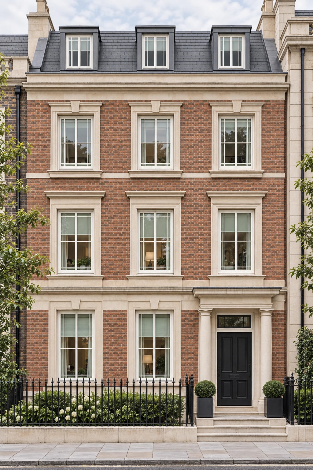 AI concept of a London-inspired brick and limestone townhouse with light framed divided-light windows